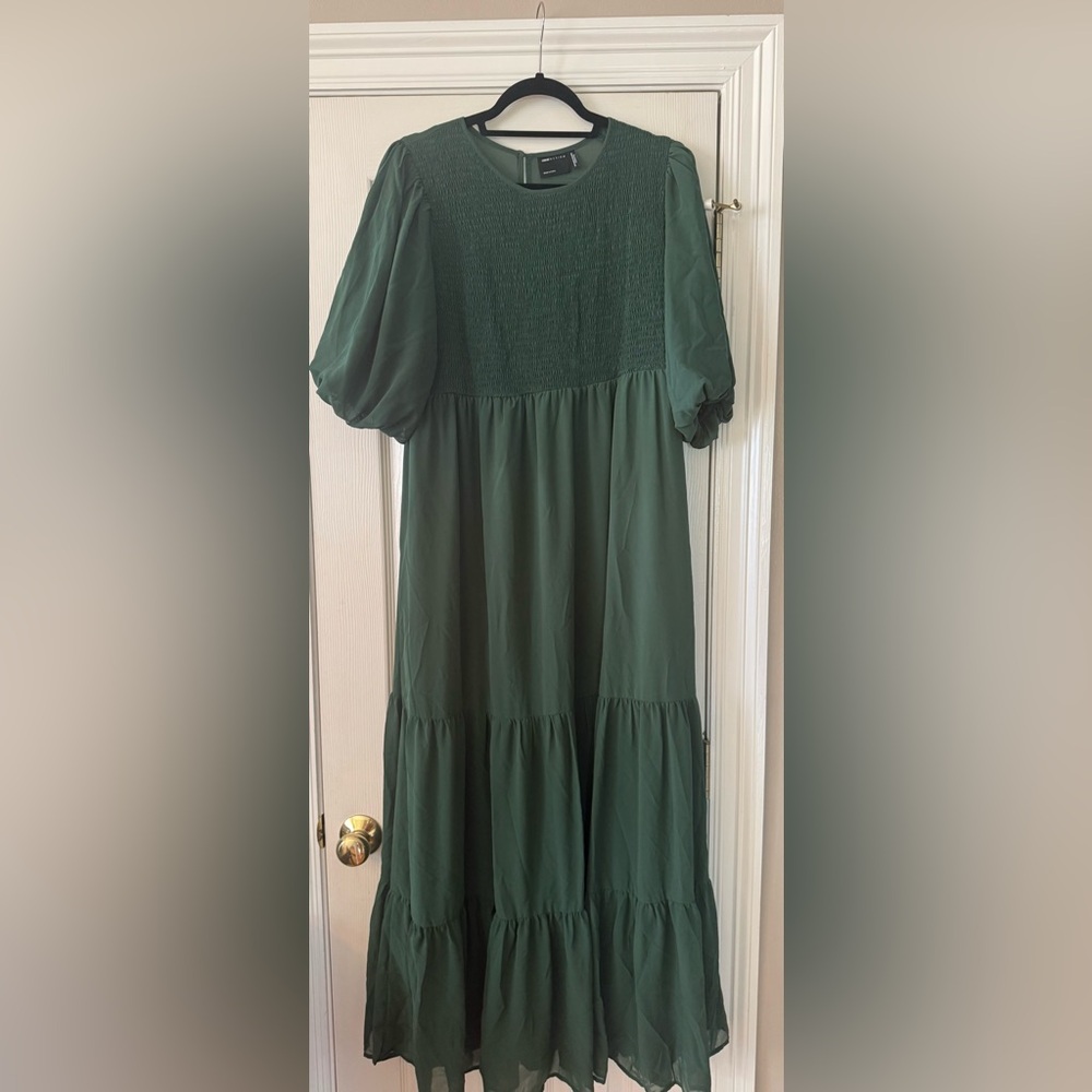 ASOS maternity green Puff-Sleeve Smocked Midi Dress size 10